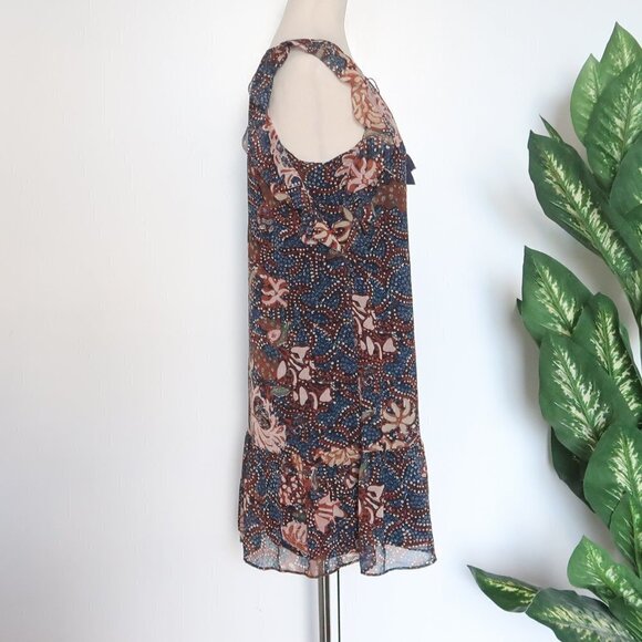 Madewell Navy & Brown V-neck Tassel Tie Flutter Sleeve Ruffle Hem Mini Dress XXS - Picture 7 of 16
